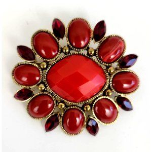 Red Multi Cabochon Vintage Brooch W/ Gold Tone Setting